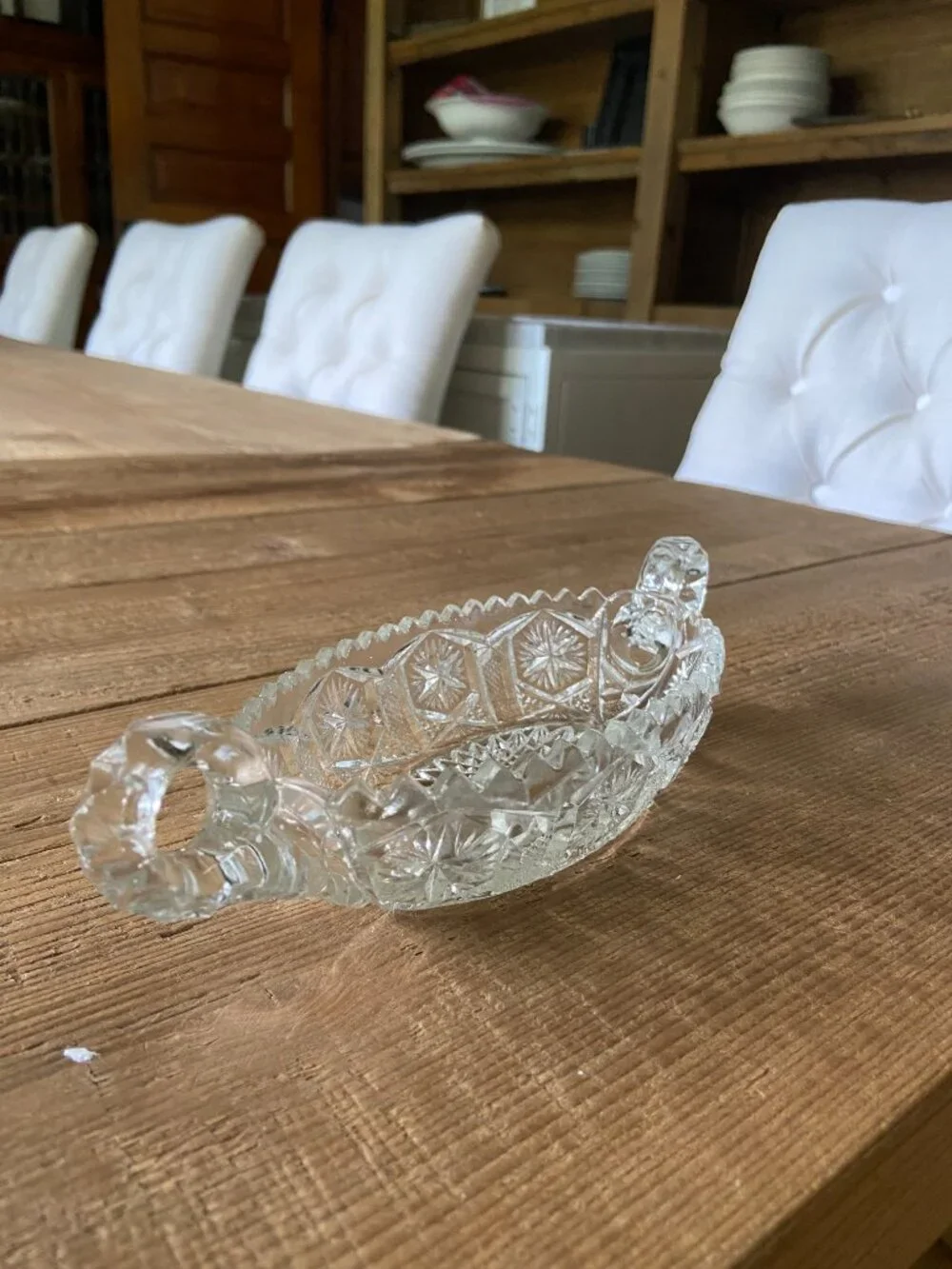 Vintage Cut Glass Canoe Boat Dish Starburst Pattern 6